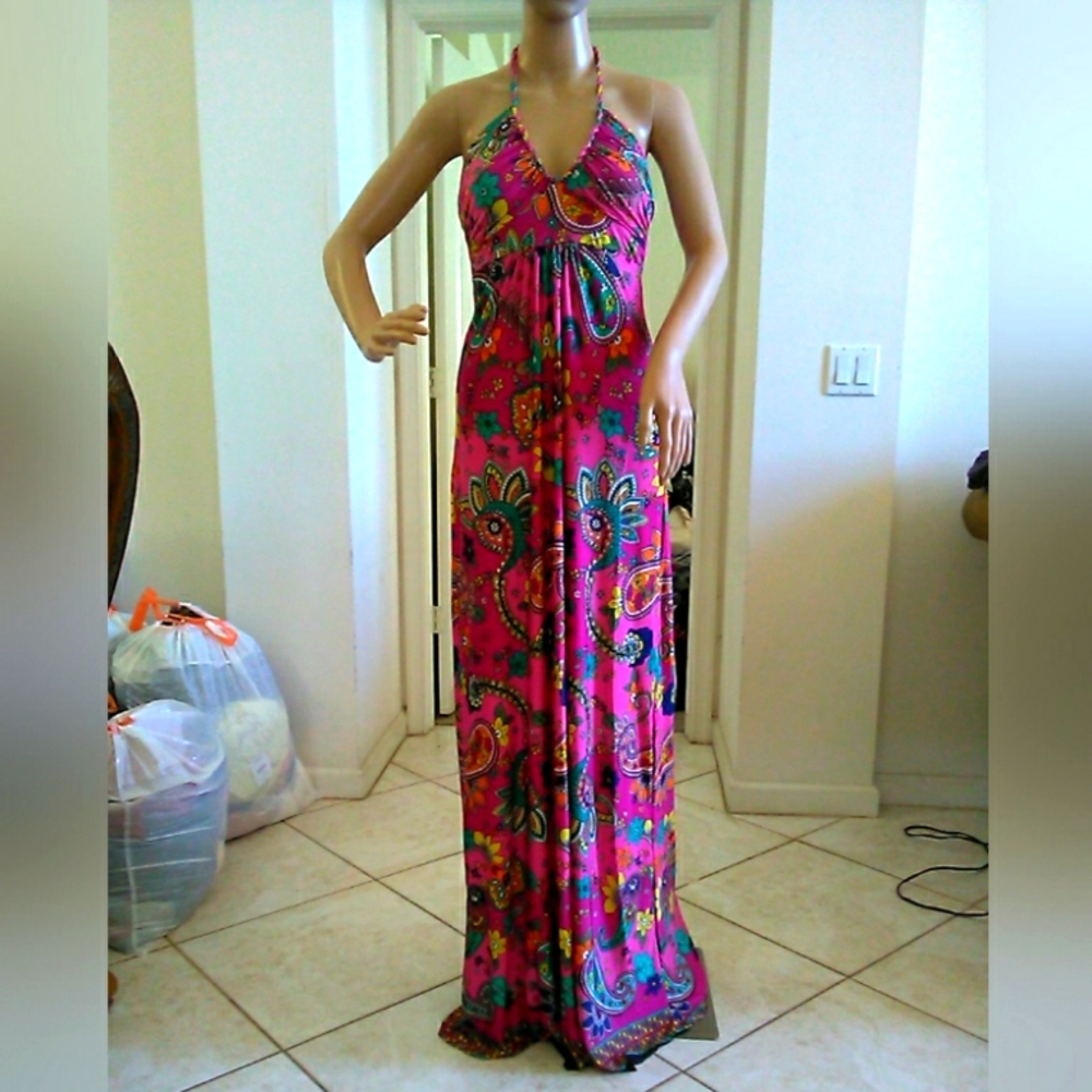 BNWOT Surely MineVibrant Pink Halter Maxi Dress W/PAISLEY FLORAL BRAID STRAP SM